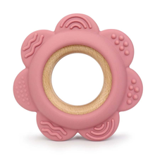 Load image into Gallery viewer, Pink Flower Silicone &amp; Beechwood Baby Ring Teether
