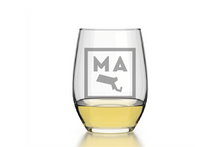 Load image into Gallery viewer, Massachusetts Square State Emblem Etched Stemless Wine Glass
