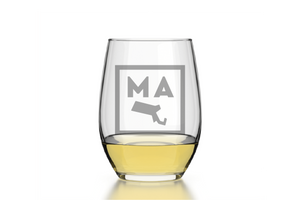 Massachusetts Square State Emblem Etched Stemless Wine Glass