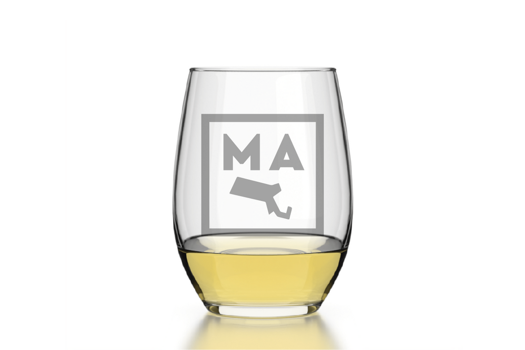 Massachusetts Square State Emblem Etched Stemless Wine Glass