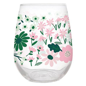 Stemless Wine Glass - Green & Pink Flowers