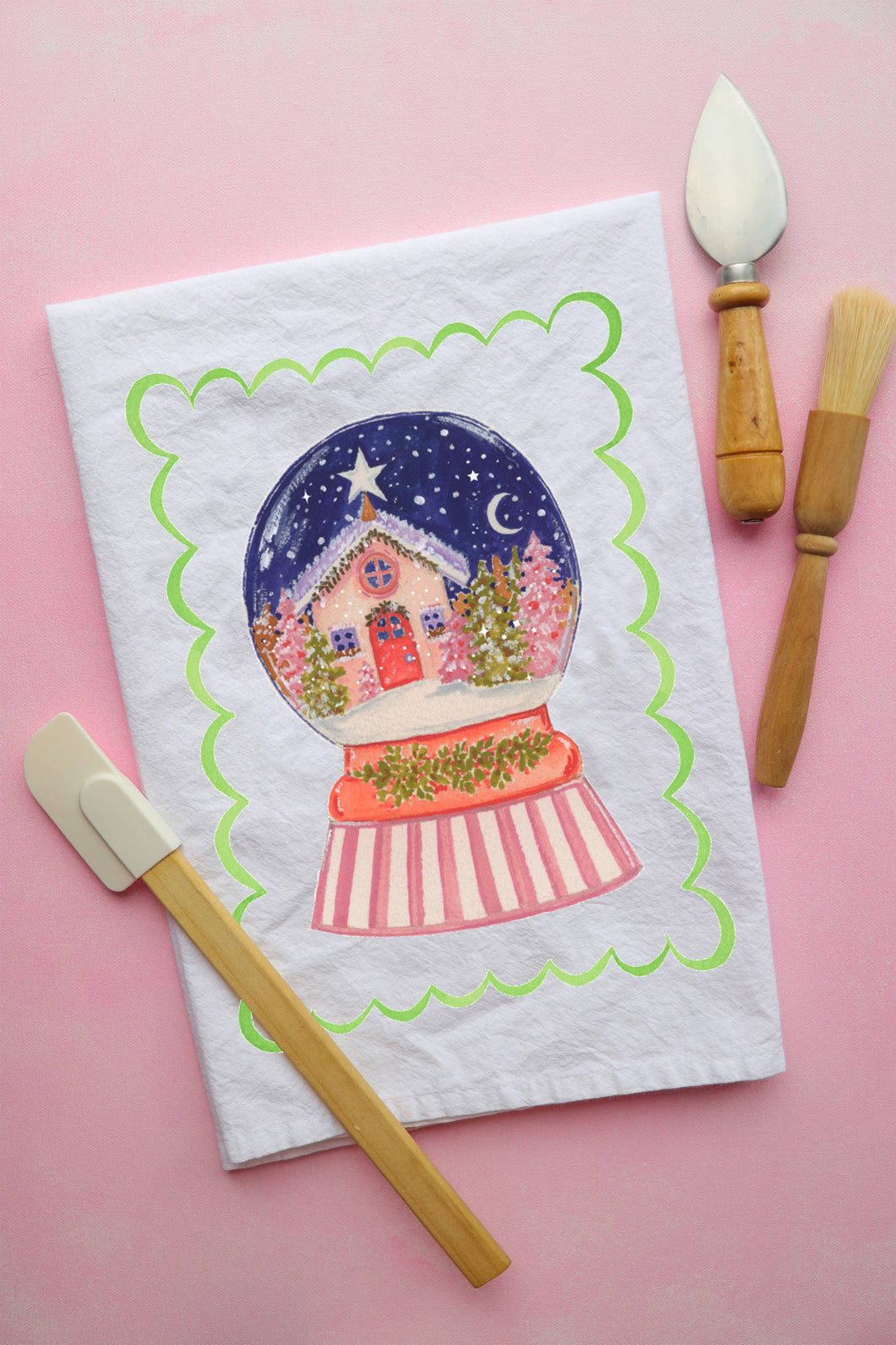 whimsical snow globe cotton tea towel