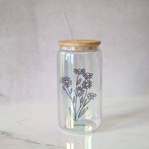 Spring Daisy Bouquet Iridescent Can Glass