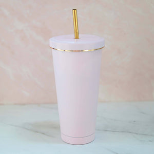 Pink Stainless Steel Insulated Tumbler with Gold Rim & Straw