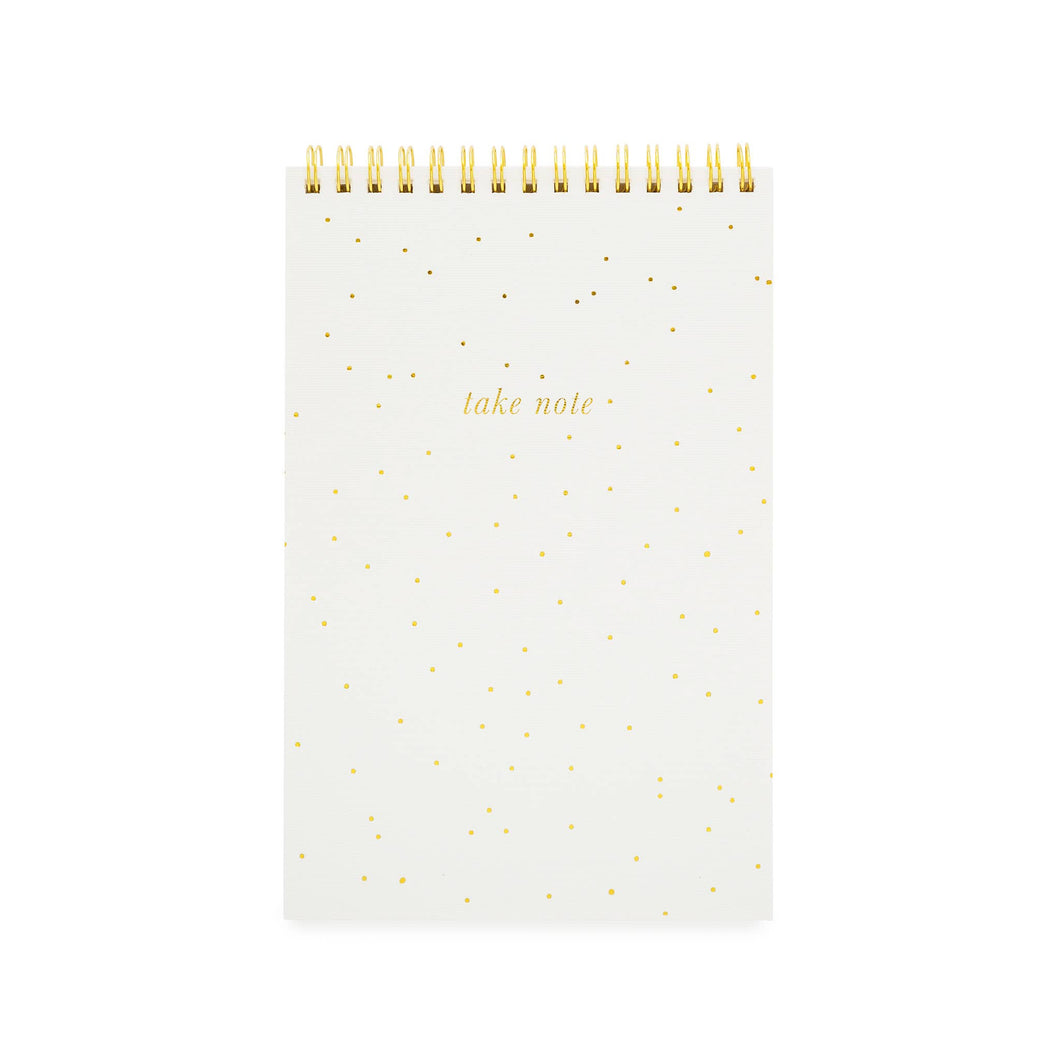 Top Spiral Notebook, White + Gold Scatter Dot